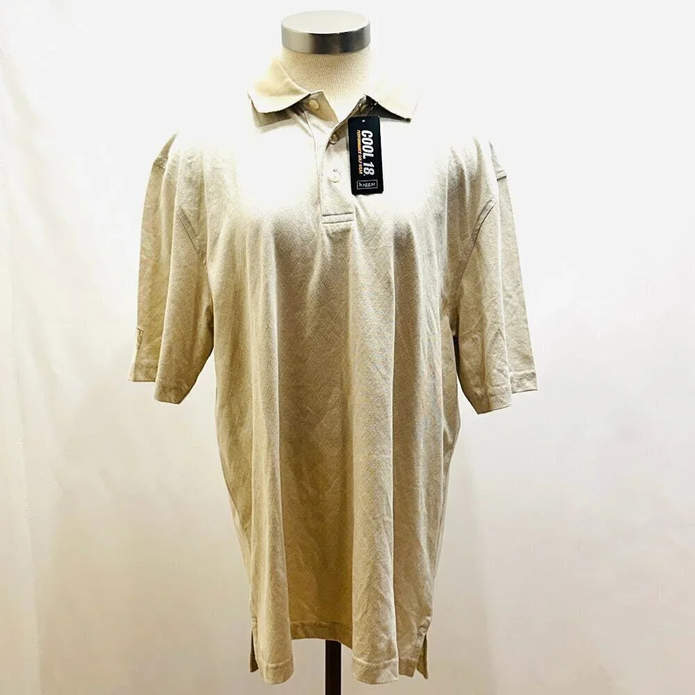 HAGGER Golf Men Short Sleeve Collared Plaid Polo Style Beige Shirt Size Medium